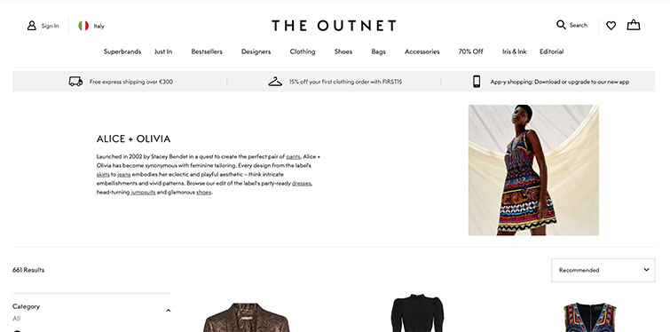 Homepage di The Outnet dove si mostra come comprare vestiti di marca online a poco prezzo