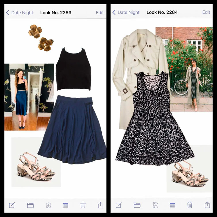 alt: due outfit primaverili con gonna e top con due foto di ragazze che li indossano presa da stylebook, una app per organizzare guardaroba