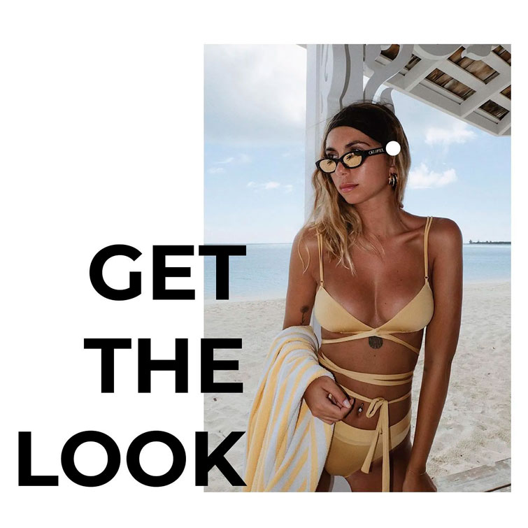 ragazza in posa mentre indossa un bikini giallo in una spiaggia presa da 21buttons, una app per creare outfit molto famosa