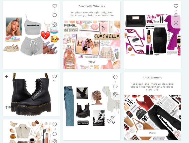 screenshot della pagina iniziale di shoplook, una app per creare outfit, in cui si vedono 7 diversi look da cui prendere ispirazione